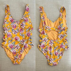 Orange yellow sexy flower one piece swimsuit